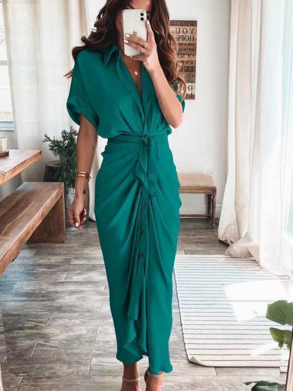 NWT DO+BE Green Tie-Waist Midi Shirt Dress